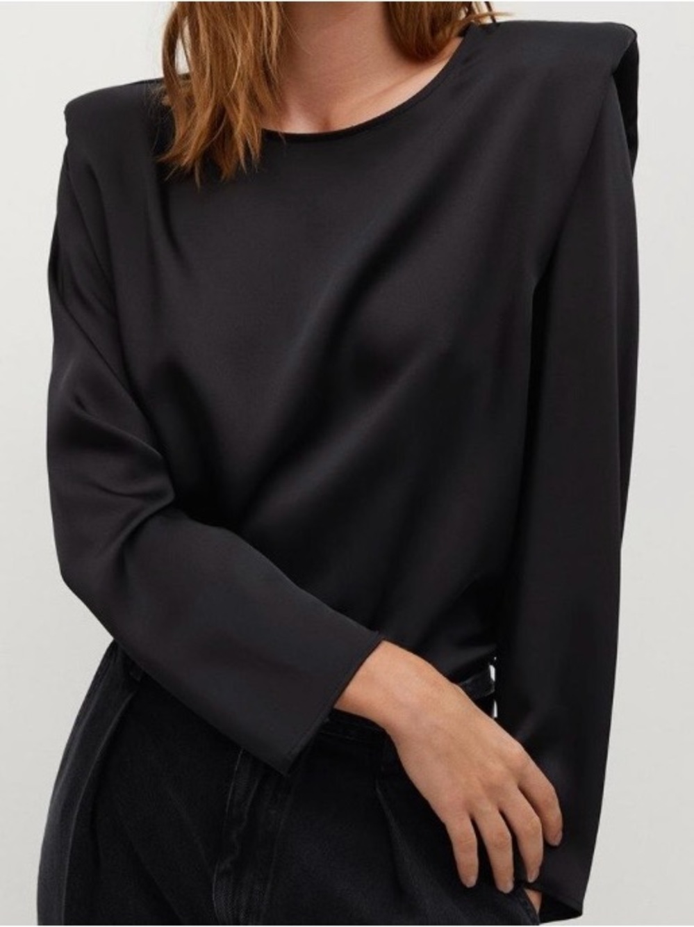 Mango Black Long-Sleeve Blouse w Structured Padded Shoulders - Size 8